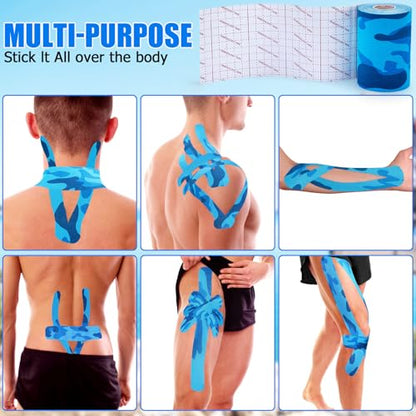 Wide Kinesiology Tape, 3 Pack, 4in x 5.5yd, Waterproof Blue Camo - color: Blue Camo - 4in