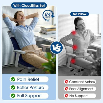 CloudBliss Ergonomic Seat Cushion & Lumbar Support Pillow Set, Blue, XL - color: Blue, size: X-Large