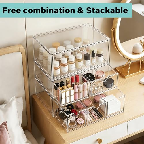 Prsildan Acrylic Makeup Organizer Stackable Clear Storage Drawers for Baby Bottles Desk Organizers for Countertop Vanity Nursery Adjustable Modular System for Cosmetics Jewelry - size: Stackable-1 Drawer
