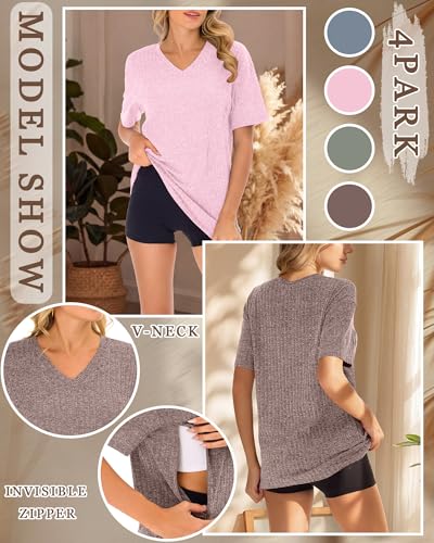 Ficerd 4 Pack Women's Oversize Nursing Shirts - color: Blue, Light Pink, Light Green, Light Coffee, size: X-Large
