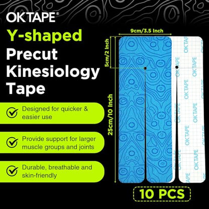 OK TAPE Precut Y-Shape Kinesiology Tape for Shoulder, Knee, Back, 10 Pcs - color: Blue