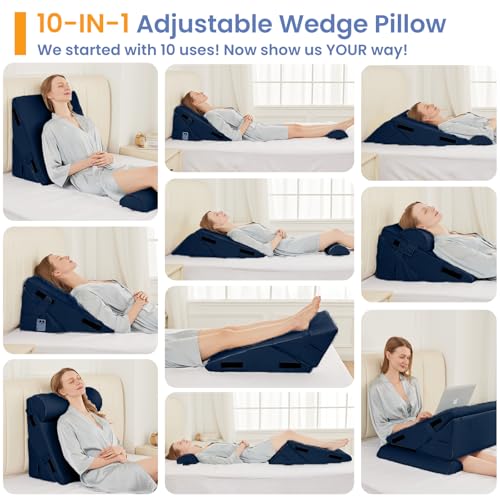 Sasttie Adjustable Wedge Pillow Set for After Surgery, Navy - color: Navy, size: Adjustable 9&12 Inch + 2 Head Pillows
