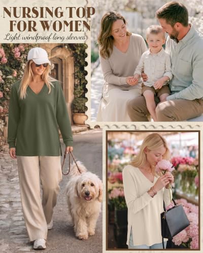 3 Pack Women's Nursing Breastfeeding Long Sleeve Shirts - color: Light Khaki, Cream, Army Green, size: Small