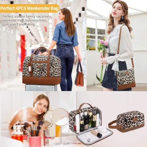 4PCS Weekender Bags for Women Large Overnight Weekend Travel Duffel Bags - color: Brown Leopard-2