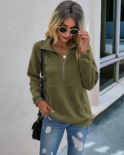 PRETTYGARDEN Women's Casual Long Sleeve Sweatshirt Half Zip Pullover Tops - color: Army Green, size: Medium