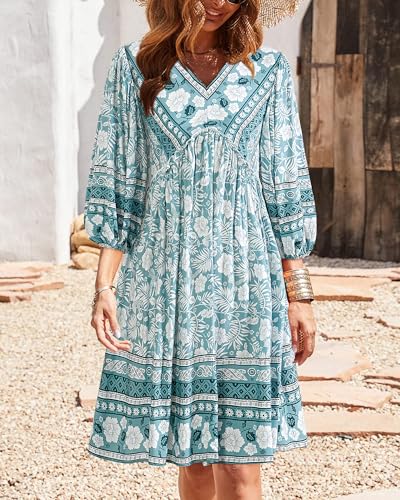 BTFBM Women's Casual Floral Long Sleeve Mini Dress - color: Floral Blue White, size: Medium