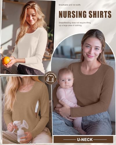 3 Pack Women's Long Sleeve Nursing Tops - color: Cream, Camel, Brown, size: Large