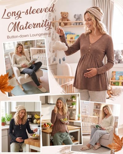 Cutecrop 3 Pack Maternity Long Sleeve V Neck Shirt - color: Black, Khaki, Apricot, size: X-Large