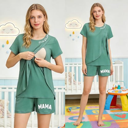 Maternity Nursing 2 Piece Pajama Set Double Layer Breastfeeding Sleepwear - color: A-green, size: Small