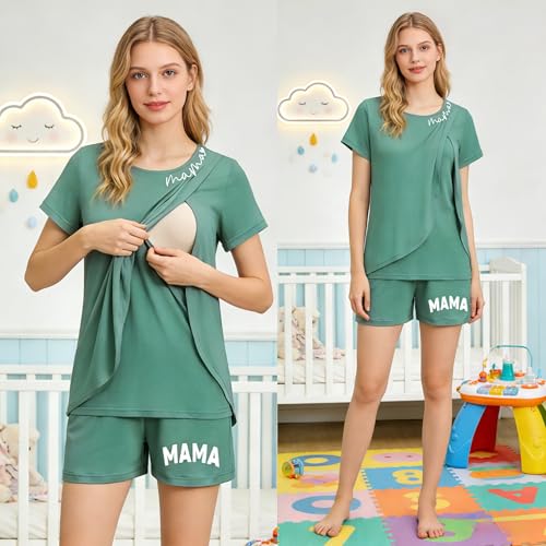 Maternity Nursing 2 Piece Pajama Set Double Layer Breastfeeding Sleepwear - color: A-green, size: Large