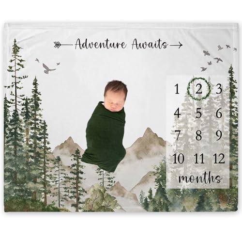 Adventure Awaits Milestone Blanket, Forest Mountain Baby Monthly Blanket - color: Adventure