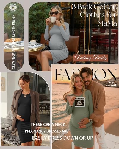 Riyiper 3 Pack Women's Long Sleeve Maternity Dresse - color: Army Green, Light Gray, Black, size: Medium