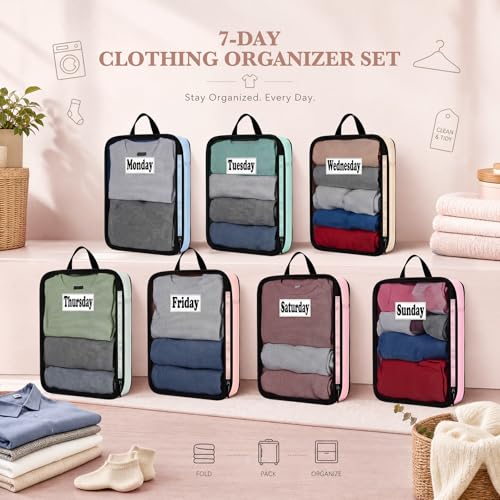 7 Pcs Packing Cubes for Travel Days of Week, Pastel, L - color: Pastel, size: L