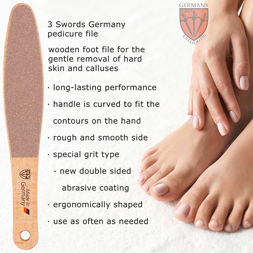 3 Swords Germany Brand Quality Foot File Made from German Beech Wood, Two-Sided Smooth and Rough, Hard Skin Callus Removal