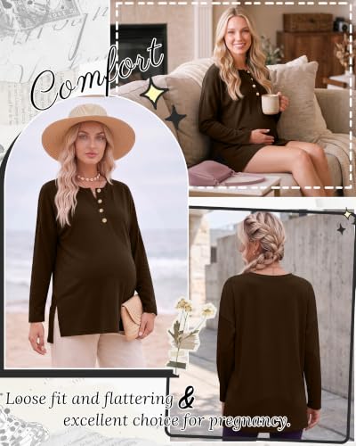 Ficerd Women Maternity Shirt Pregnant Long Sleeve Henley Top - color: Brown, size: Medium