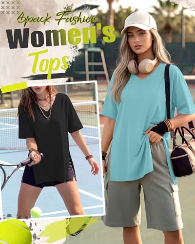 4 Pack Women's Oversized V Neck Shirts - color: Black, Brown, Purple, Blue Green, size: Small