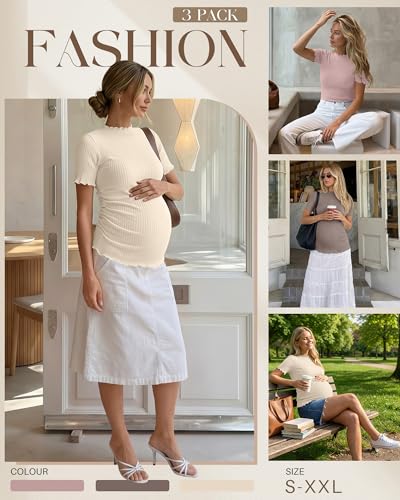 3 Pack Women's Ribbed Maternity Tops - color: Dusty Rose Pink, Latte, Apricot, size: Medium