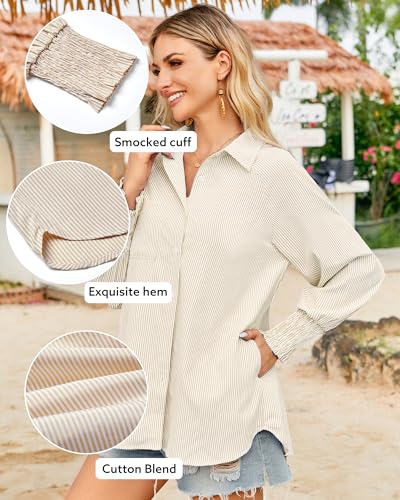OUGES Women's Cotton Blend Oversized Boyfriend Collar Shirts Smocked Cuffed Striped Button Down Blouse Tops with Pockets - color: Apricot, size: Large