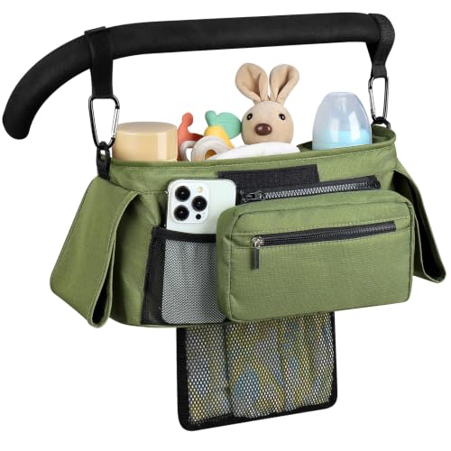 Accmor Universal Stroller Organizer with Insulated Cup Holder - color: All Green/Detachable Diaper Pocket