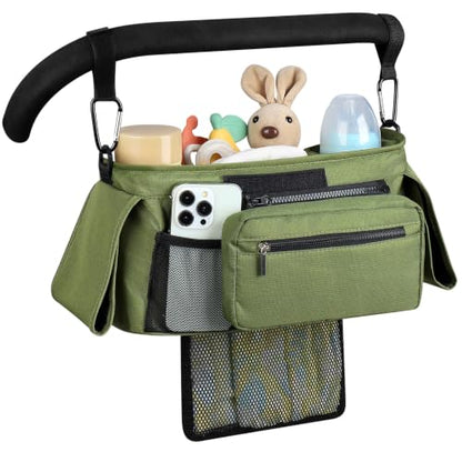 Accmor Universal Stroller Organizer with Insulated Cup Holder - color: All Green/Detachable Diaper Pocket