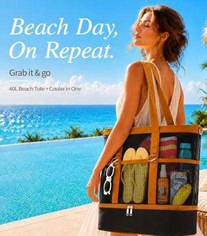 2-in-1 Mesh Beach Bag with Cooler for Women, Extra Large Beach Tote with Zipper, 11 Pockets, Adjustable Shoulder Strap - color: Black and Brown