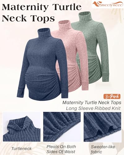 3 Pack Women's Maternity Turtleneck Tops - color: Dark Blue, Peach Pink, Light Green, size: X-Large