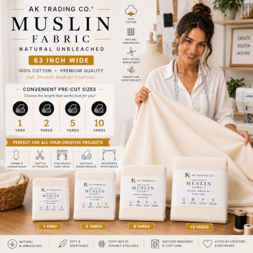 AK TRADING CO. Muslin Fabric/Textile Unbleached - Draping Fabric - Natural 1 Yard Medium Weight - 100% Cotton (63in. Wide) - color: Natural Unbleached, size: 1 Yard