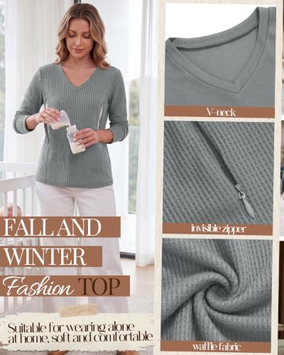 Huukeay 3 Pack Women's Long Sleeve Nursing Breastfeeding Shirts - color: Light Gray, White, Black, size: Medium