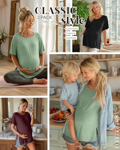 Riyiper 3 Pack Women's Maternity Tunic Cotton Shirts - color: Light Green, Wine Red, Black, size: Medium