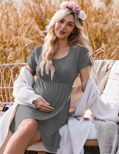 Nursing Nightgown Short Sleeve Breasfeeding Birthing Gown Maternity Dress - color: Grey, size: Small