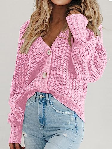 PRETTYGARDEN Women's Chunky Knit Open Front Cardigan Sweaters Fall Outfits - color: Pink, size: Medium