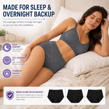 Period Underwear for Women, Leak Proof Menstrual Panties Multi-pack, High Waisted Cotton Full Coverage Briefs - color: Black 3-pack, size: XX-Large