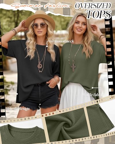 3 Pack Womens Oversized Waffle Knit Tops - color: Black, Light Gray, Olive Green, size: XX-Large