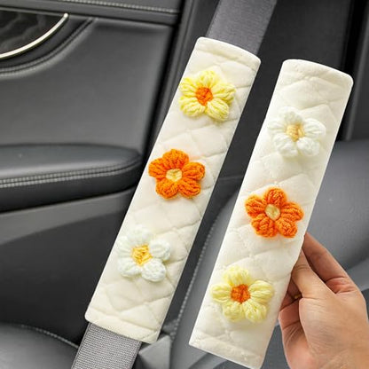 Amooca 2-Pack Braid Pattern Seat Belt Covers Shoulder Pads for Car & Bag - color: Yellow Orange White Flower