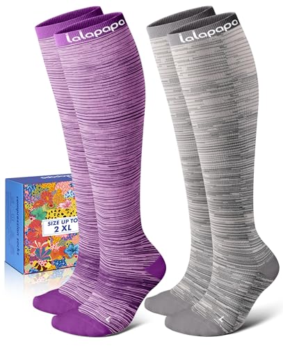 Thick Soft Cotton Compression Socks - color: Purple and Grey Stripes, size: Large-X-Large