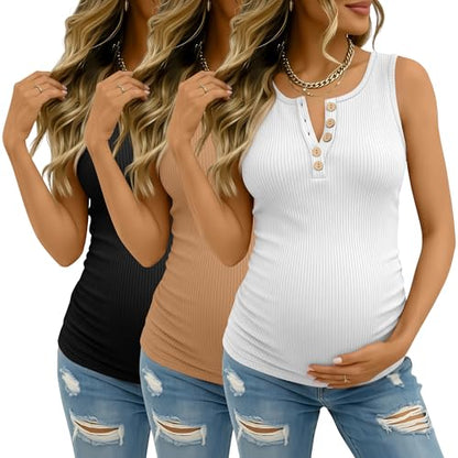 3 Pack Maternity Tank Tops Ribbed Tops - color: Dusty Peach, White, Black, size: Small