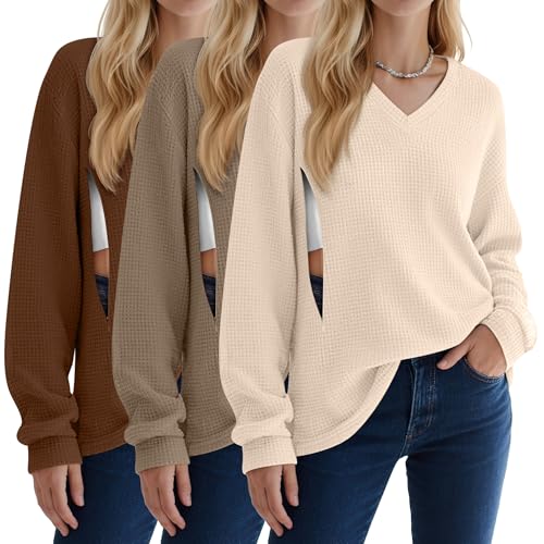 3 Pack Women's Waffle Knit Long Sleeve Nursing Tops - color: Cream, Coffee, Dark Brown, size: Medium