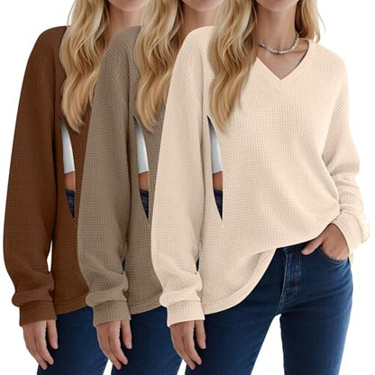 3 Pack Women's Waffle Knit Long Sleeve Nursing Tops - color: Cream, Coffee, Dark Brown, size: Medium
