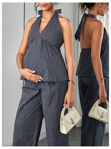 OYOANGLE Women's Maternity 2 Piece Outfits Striped Halter Tops Pants Sets - size: X-Large