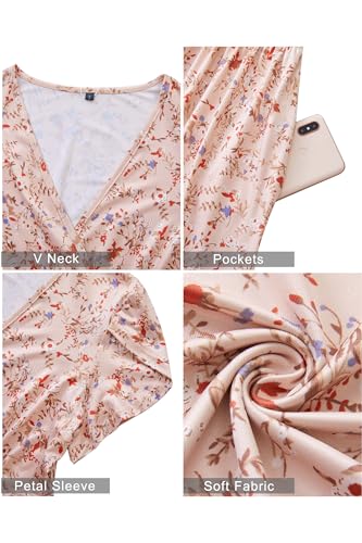 OUGES Women's Wrap V Neck Summer Maternity Photoshoot Dress with Pockets - color: Apricot Pink Floral, size: XX-Large