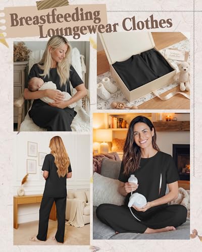2Pc Postpartum Nursing Pajamas Set - color: Black, size: Large