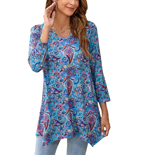 ENMAIN Women's Tops Plus Size Tunic Tops 3/4 Sleeve Flare Hem Paisley Print Loose Fit Casual Blouse to Wear with Leggings - color: A2-turquoise & Paisley, size: 3X-Large