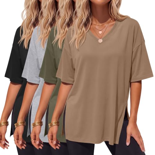 4 Pack Women's Oversized V Neck Shirts - color: Black, Light Heather Gray, Army Green, Coffee, size: X-Large