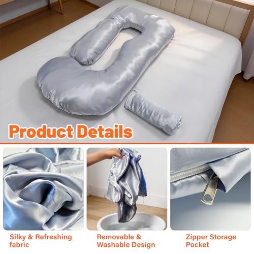 JZHLLA Maternity Pillow Cover, Silky Satin Fabric Removable & Washable U-Shaped Smooth Pregnancy Pillow Cover with Hidden Zip(Grey,2 PCS)