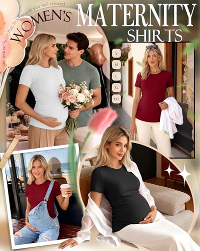 Ficerd 3 Pack Women's Short Sleeve Maternity Shirts - color: Black, White, Burgundy, size: XX-Large