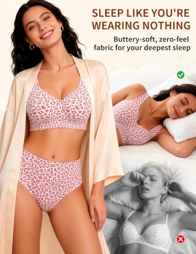 Wireless Pullover Sleep Bras for Women Seamless No Underwire T Shirt Bra - color: Leopard Pink, size: Small