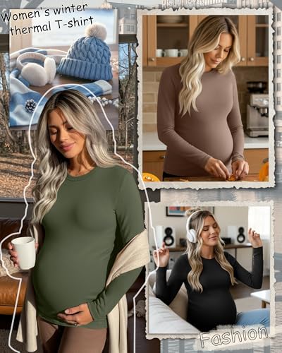 3 Pack Women's Thermal Maternity Shirts - color: Army Green, Coffee, Black, size: Large