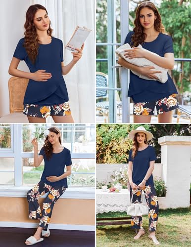 Ekouaer 3 PCS Maternity Nursing Pajamas Set Postpartum Breastfeeding PJS - color: Green Print, size: Small