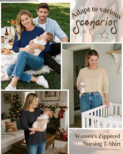 3 Pack Nursing Breastfeeding Tops - color: Dark Blue, Khaki, Black, size: X-Large
