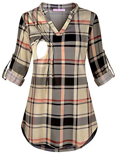 Joymom Maternity Rolled Long Sleeve Nursing Tops Tunic Blouses Breastfeeding - color: 1-1 Beige Plaid, size: X-Large